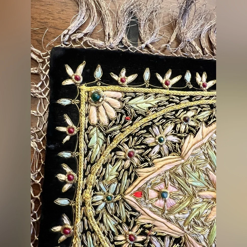 Handmade Zardozi Embroidered Wall Hanging Velvet Gold Tapestry 12x9 Indian Boho